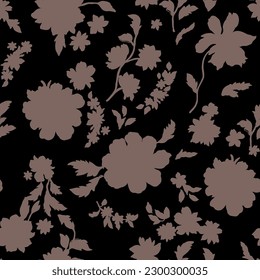 Silhouette con un patrón floral sin fisuras de rosas florecientes en tonos beige sobre un fondo negro.