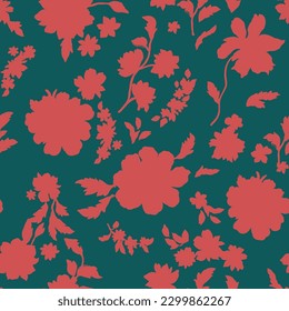 Silhouette with a seamless floral pattern in the form of a blooming rose red roses on a green background.