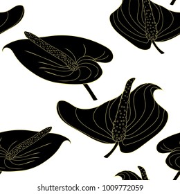 silhouette seamless pattern  with  anthurium flower flamingo.  vector illustration