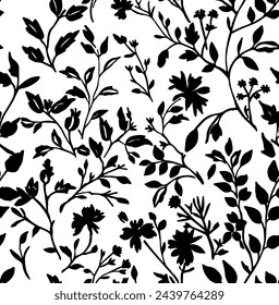 Silhouette seamless pattern with flowers and leaves. Abstract floral spring, summer pattern. Beautiful floral seamless pattern. Wild meadow flowers. Hand drawn grunge wildflowers wallpaper.