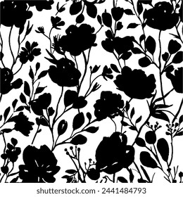 Silhouette seamless pattern with flowers and leaves. Abstract floral spring, summer pattern. Black and white floral background 