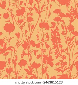 Silhouette nahtloses Muster mit Blumen und Blättern. Abstrakter Blumenfrühling, Sommermuster, Wildblumendruck für Textil-, Bildschirmhintergrund- oder Druckdesign.