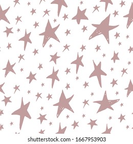 Silhouette, seamless pattern in vector design with star's in doodle style. Modern girly pink colour on white background.