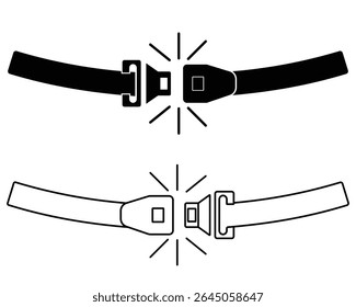 Silhouette of seatbelt symbol. Seat belt icon vector, Driver protection strip with buckle, Safety belt for construction worker, airplane passenger, pilot. Vector illustration.