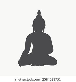 Silhouette of a seated Buddha statue. Buddha in meditation pose. Buddha art, peaceful and serene. Iconic Buddha image, symbol of enlightenment and peace. Vector isolated on white.