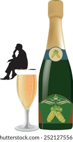 Silhouette of a seated businessman is thinking with a giant bottle of sparkling wine and a full glass beside him