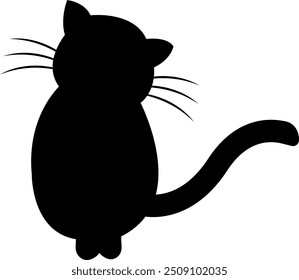 Silhouette of a seated cat with whiskers and a long tail.