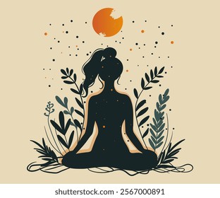 Silhouette of a seated girl under the moon in nature. Stylish Woman with Flowers for a Elegant and Natural Beauty Theme Illustration. Vector illustration