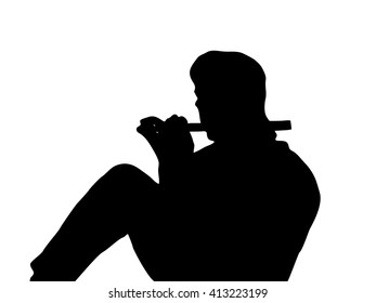 The silhouette of a seated man playing a flute