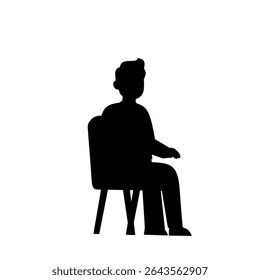 Silhouette of a seated man pointing forward while sitting on a chair. Simple black vector illustration representing direction, presentation, or explanation