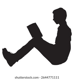 Silhouette of Seated Teen Boy Reading Book on White Background