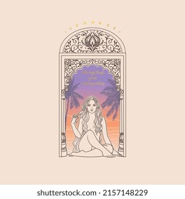 Silhouette of a seated woman in the gate in ancient Indian style. Vector illustration