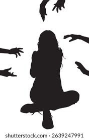 Silhouette of Seated Woman Surrounded by Reaching Hands on White Background