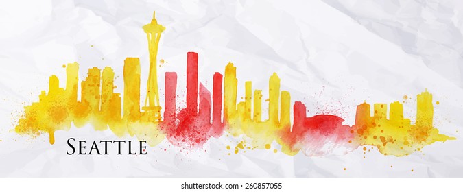 Silhouette Seattle neighborhood painted with splashes of watercolor drops streaks landmarks with a yellow-red colors