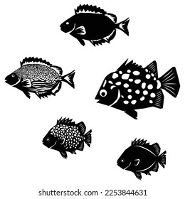 silhouette of seawater fish collection set. fish, animal, sea, ocean, seafood, coral fish, food, aquarium, scat, spotted scat, black, white, simple, vector illustration.