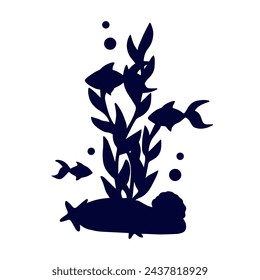 Silhouette of seaweed with schools of fish.Vector graphics.