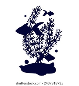 Silhouette of seaweed with schools of fish.Vector graphics.