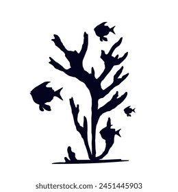 Silhouette of seaweed with schools of fish.Vector graphics.