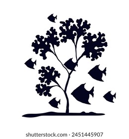 Silhouette of seaweed with schools of fish.Vector graphics.