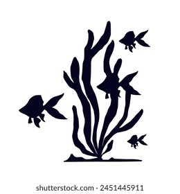 Silhouette of seaweed with schools of fish.Vector graphics.