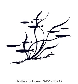 Silhouette of seaweed with schools of fish.Vector graphics.