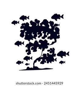 Silhouette of seaweed with schools of fish.Vector graphics.
