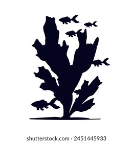 Silhouette of seaweed with schools of fish.Vector graphics.