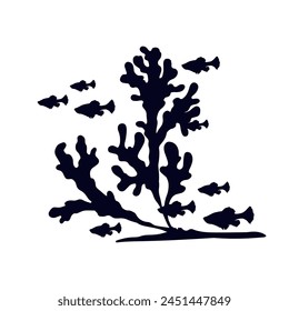  Silhouette of seaweed with schools of fish.Vector graphics.
