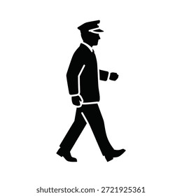 Silueta de un guardia de seguridad caminando mientras sostiene un walkie-talkie, garantizando la seguridad y la vigilancia.