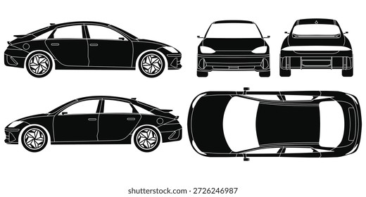 Silueta sedan EV Vector de coche. Ilustración de la maqueta del coche de la silueta de un EV sedán. Aislado en el fondo blanco