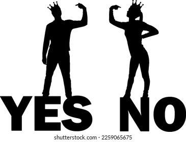 Silhouette of a selfish couple with crowns on their heads, prove their rightness by pointing to themselves with a finger. Conceptual scene of selfishness. Vector Silhouette