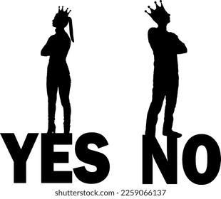 Silhouette of a selfish couple with crowns on their heads turned away from each other can not agree. Conceptual scene of selfishness. Vector silhouette