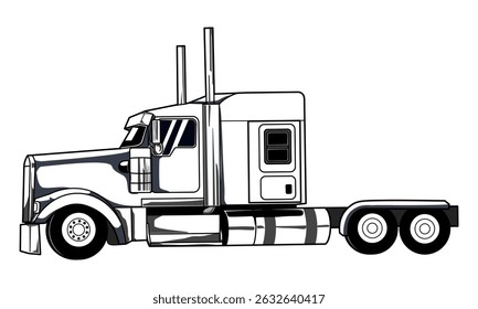 Silhouette Semi Truck line art design isolated. Hand drawing Semi Truck from side view Vector illustration in black