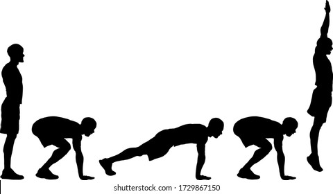 Silhouette of the sequence of a boy doing the burpee exercise. Vector illustration.