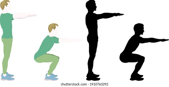 Silhouette sequence of a boy executing the squat exercise. Vector illustration.