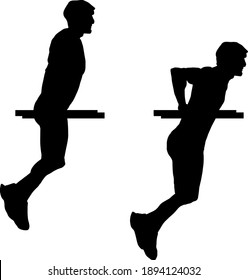 Silhouette sequence of a boy executing the triceps dip exercise on a parallel bar. Vector illustration.