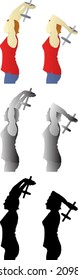 Silhouette Sequence Of A Girl Executing The Triceps Curl Exercise For Upper Arm Muscle Strength. Vector Illustration.