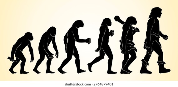 Silhouette sequence illustrating human evolution from early primates to modern humans, highlighting stages of development and upright walking progression.