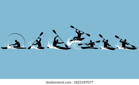 Silhouette sequence of a kayaker performing Eskimo roll techniques and paddle strokes on a blue water background.