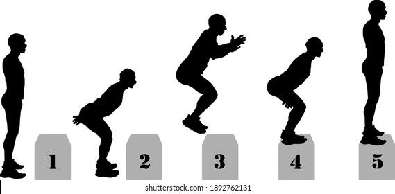 Silhouette Sequence Of A Man Executing The Standing Box Jump Exercise. Vector Illustration.