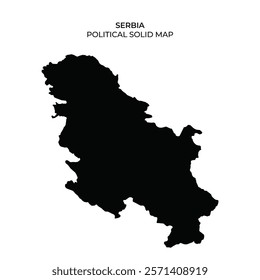 Silhouette of Serbias political map displayed in solid black against a white background. The design highlights the countrys geographic shape and boundaries clearly.