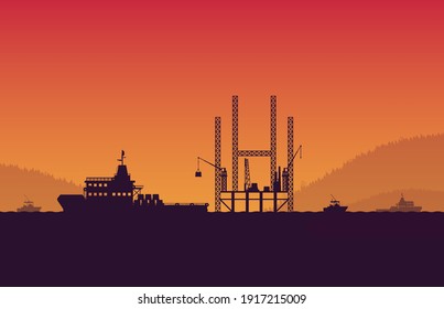 silhouette  service vessel ship with operation petroleum platform on orange gradient background