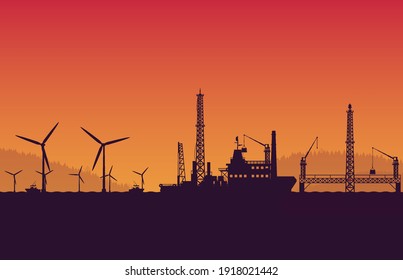 silhouette  service vessel ship with operation petroleum platform on orange gradient background