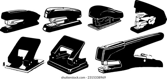 Silhouette Set 3D Stapler Model Rendered from Various Angles, Versatile Stapler Silhouette Set Showcasing 3D Model from Multiple Angles