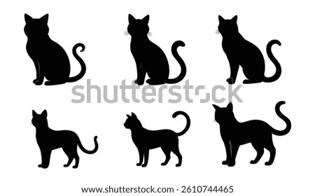 silhouette set  of 6 cat on a white background