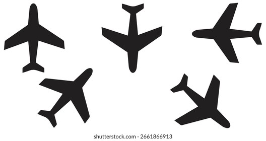 Silhouette Set of Airplanes in Different Angles.