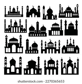 Silhouette set of Arabic minaret Arabian black mosque Muslim architecture featuring