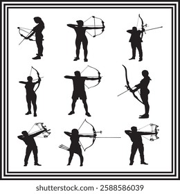 Silhouette set of archers in various shooting positions