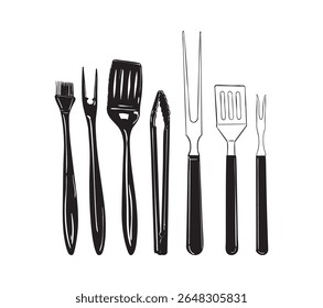 Silhouette set of barbecue tools including spatula, fork, tongs, and basting brush. Perfect for grill guides, kitchen decor, BBQ branding, packaging, and cooking-related design projects.