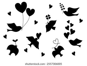 silhouette set of bird and heart